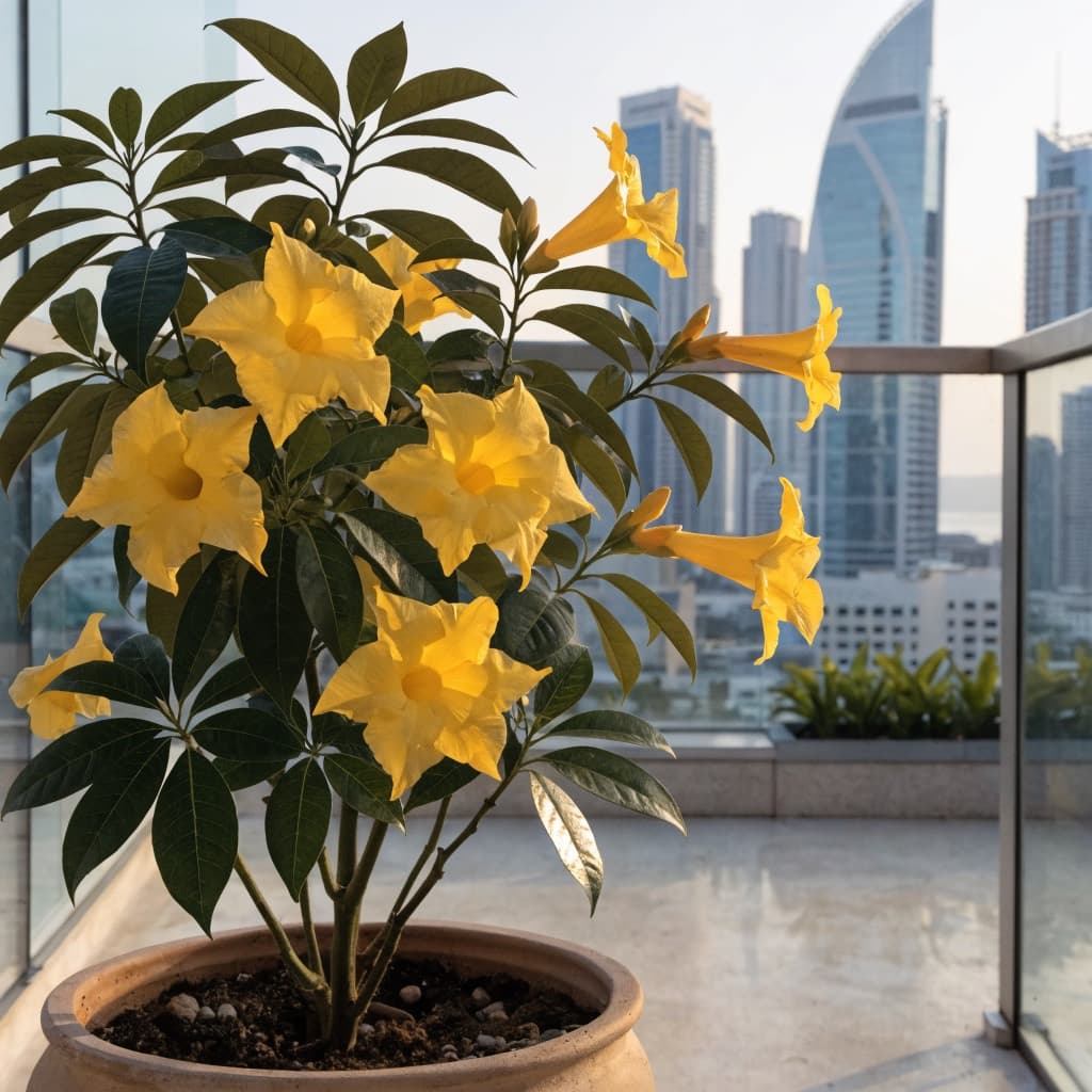 البوق الذهبي (ألاماندا) (Allamanda cathartica) — صورة توضيحية للنبتة في ديكور منزلي