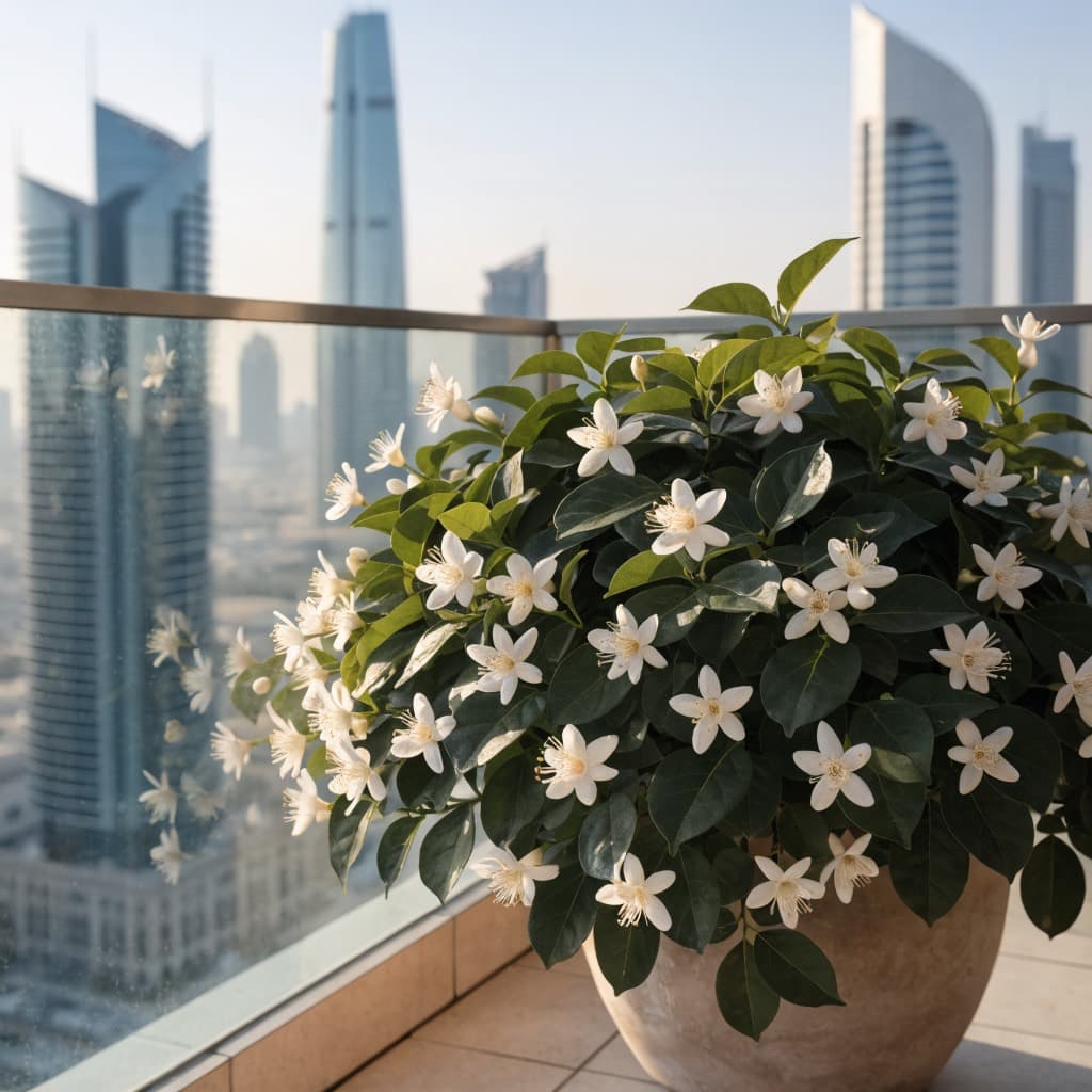 Arabian Jasmine (Sambac / Motia) — Outdoor styled in a warm UAE home