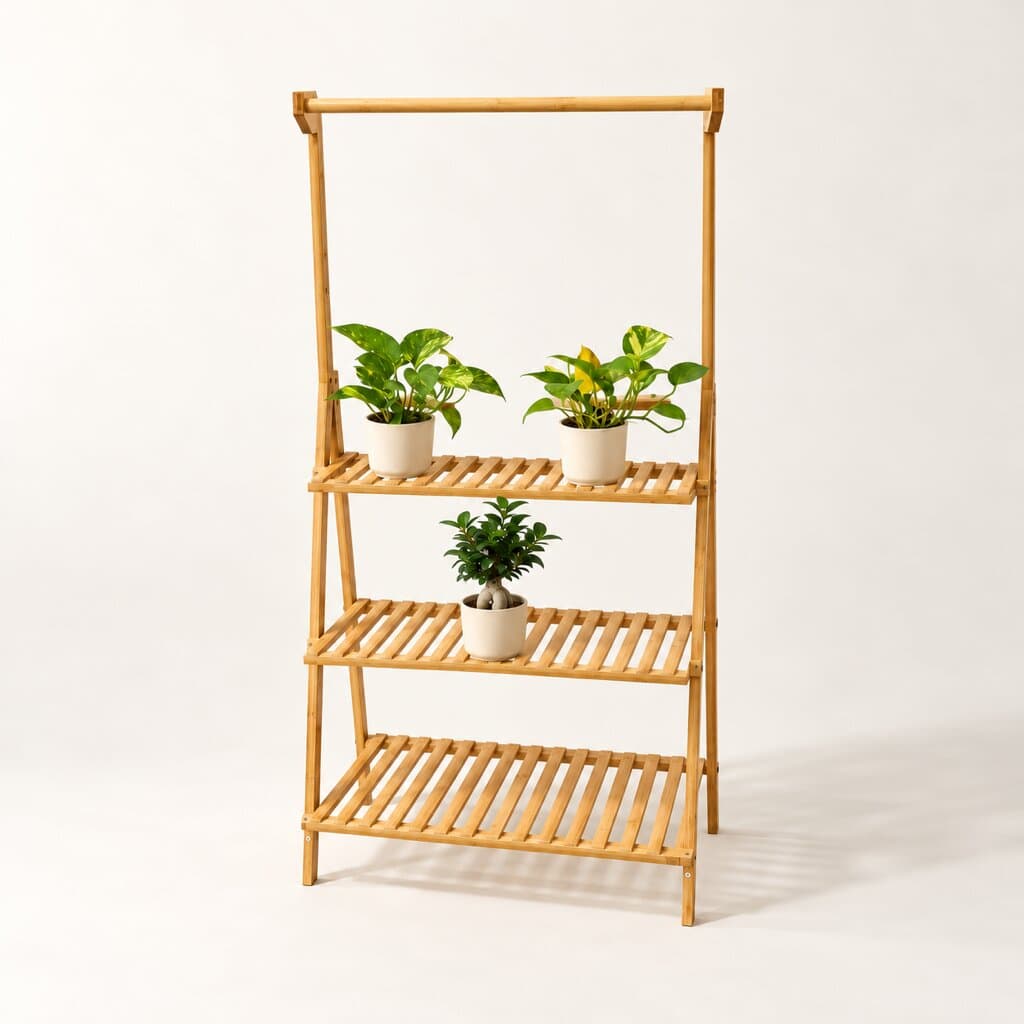 Bamboo Plant Stand — 3 Shelf with Hanging Rail