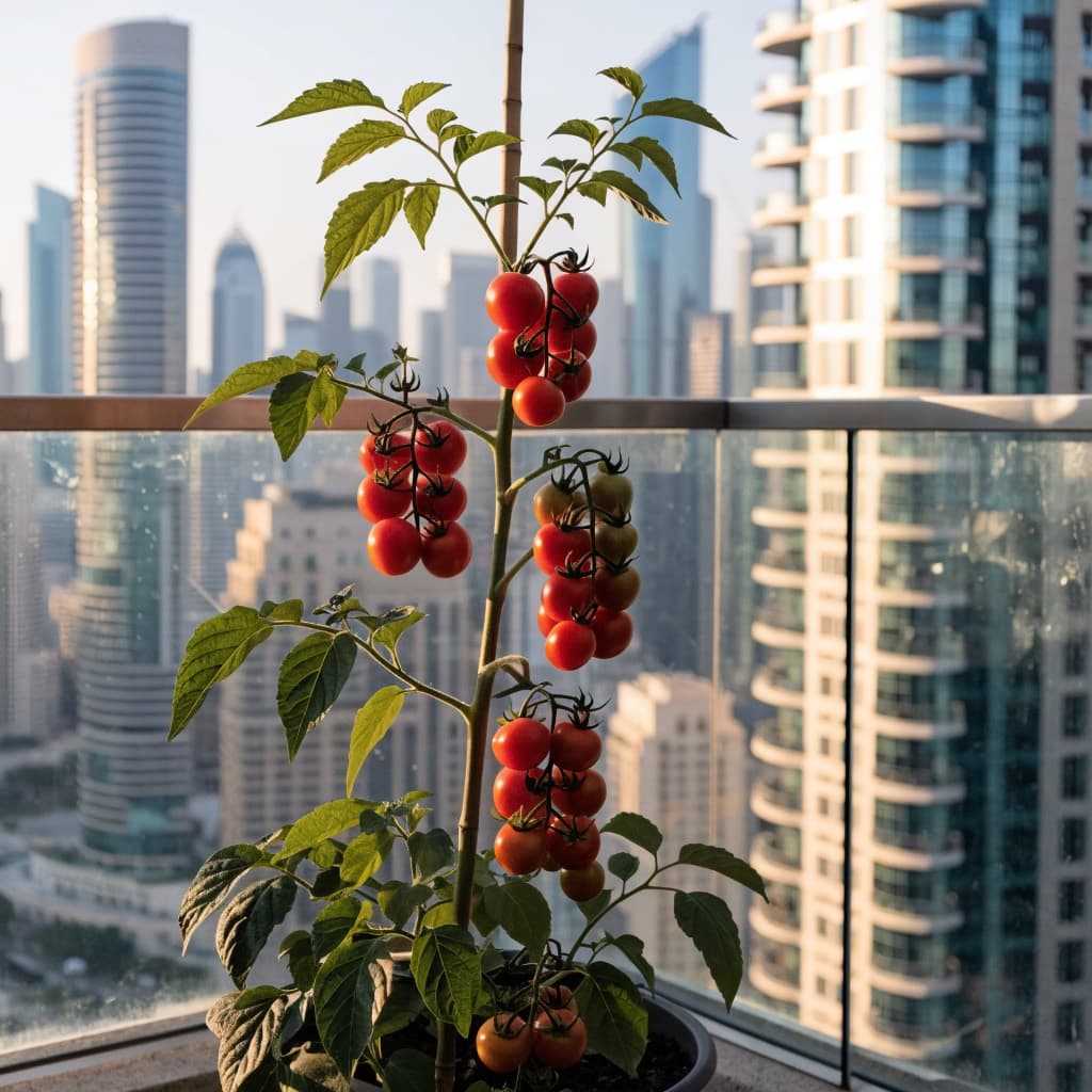نبتة الطماطم الكرزية (Solanum lycopersicum) — صورة توضيحية للنبتة في ديكور منزلي