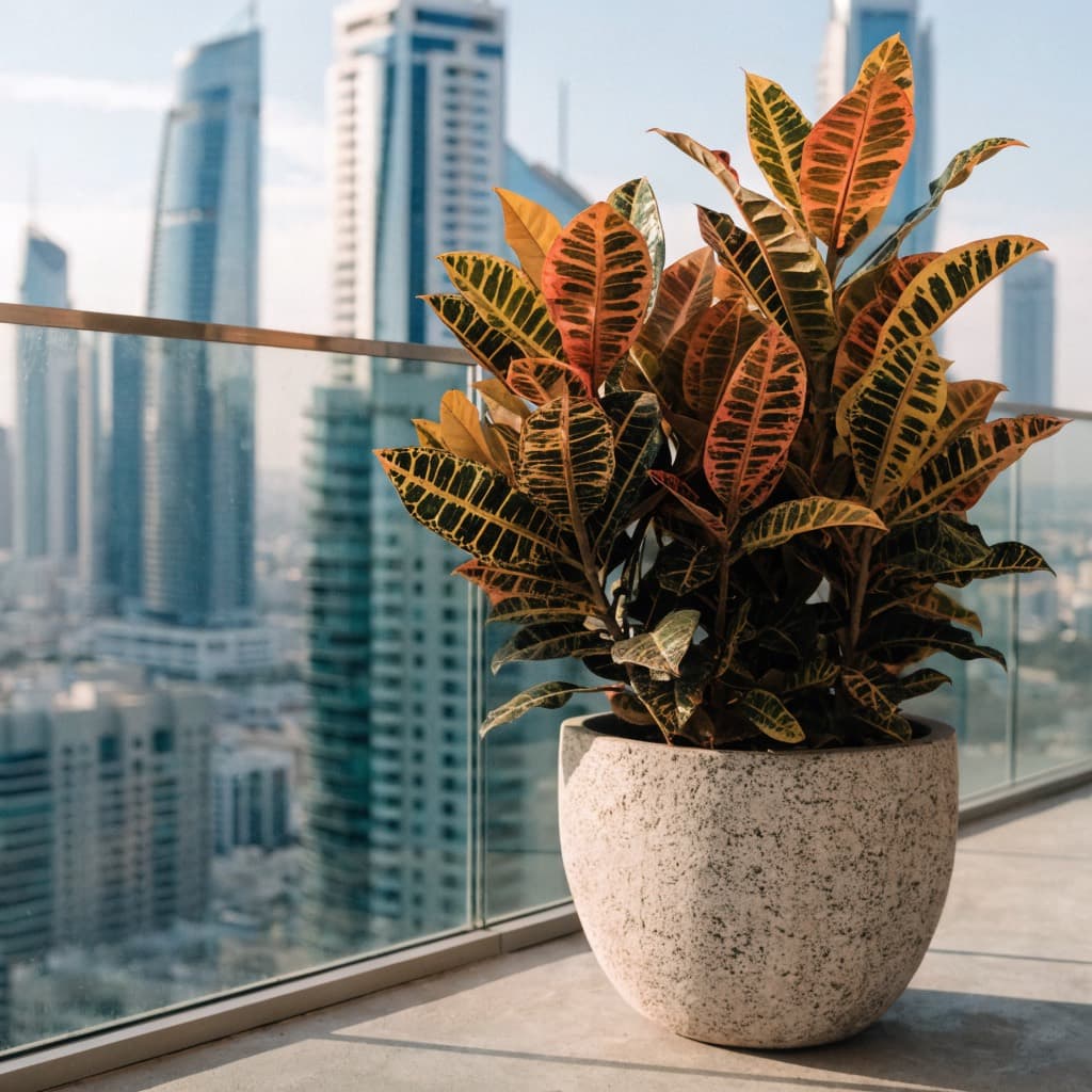 Croton Outdoor (Codiaeum) styled in a warm UAE home
