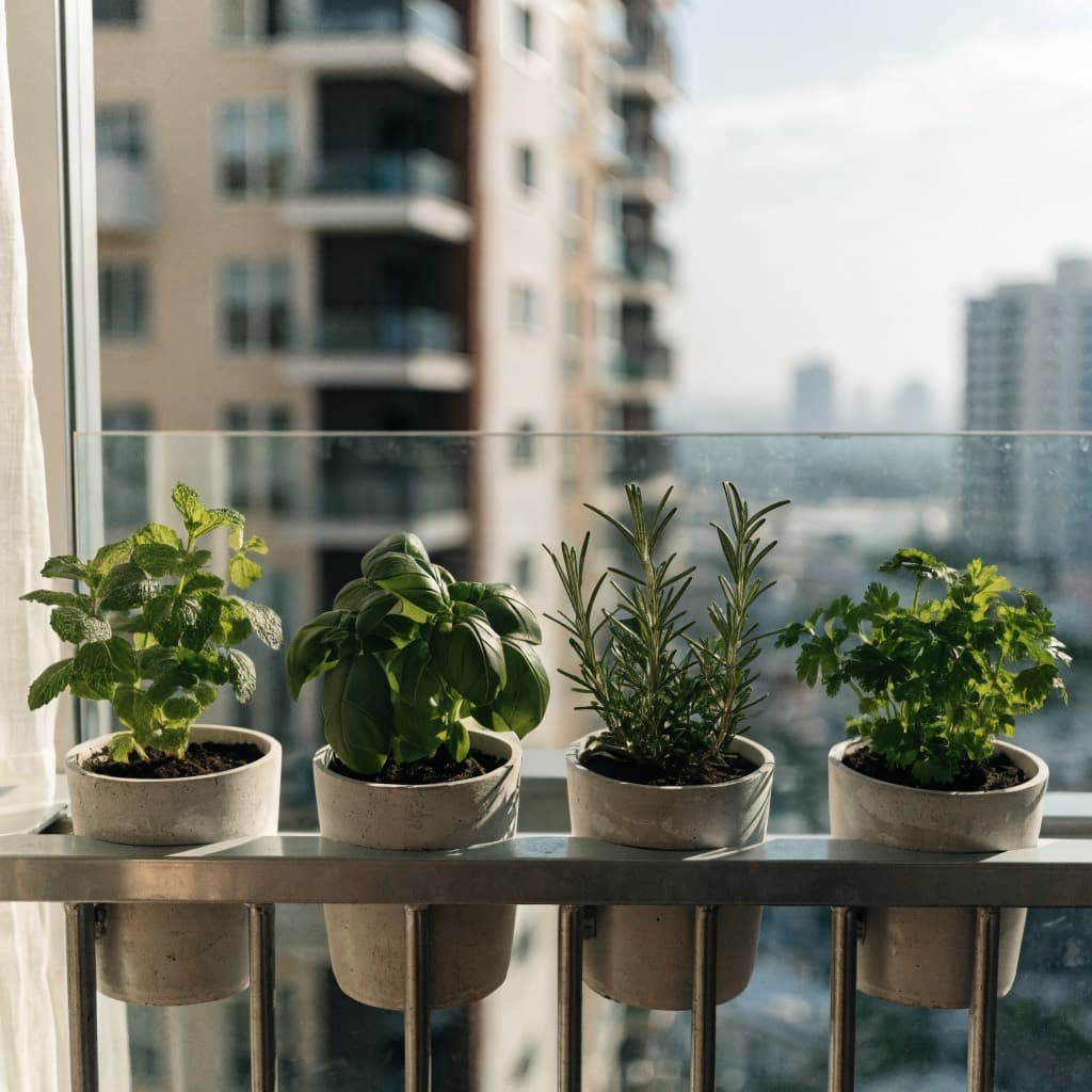 عبوة 4 أعشاب — نعناع وريحان وإكليل الجبل وبقدونس (Mentha, Ocimum, Rosmarinus, Petroselinum) — صورة توضيحية للنبتة في ديكور منزلي