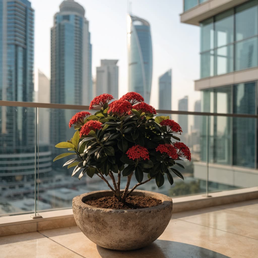 Ixora Chinensis Red styled in a warm UAE home