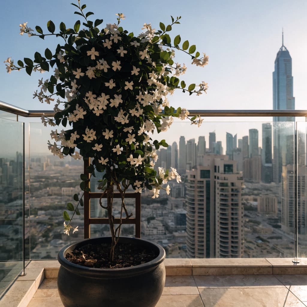 الياسمين النجمي المتسلّق (Trachelospermum jasminoides) — صورة توضيحية للنبتة في ديكور منزلي
