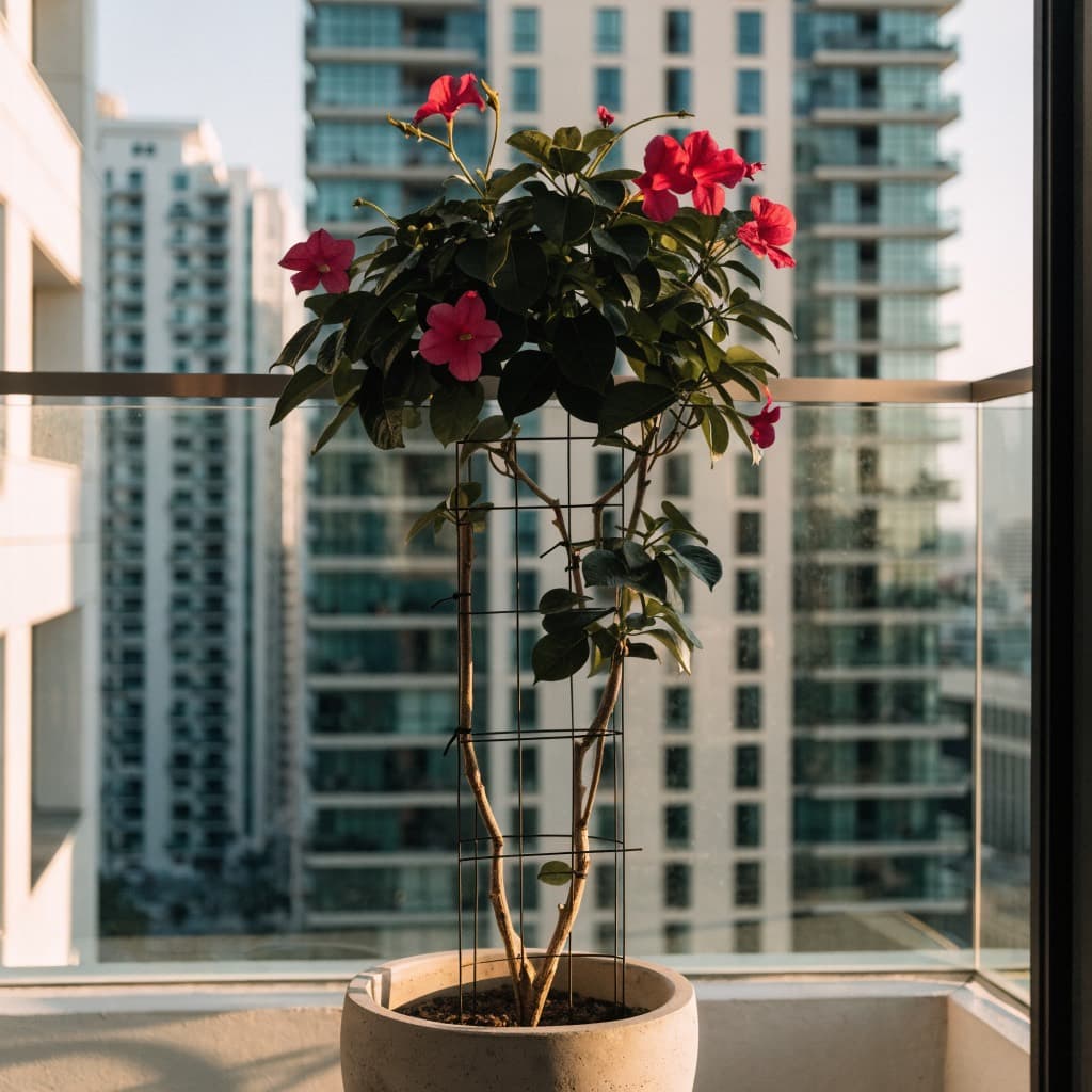 متسلّقة المانديفيلا (Mandevilla sanderi) — صورة توضيحية للنبتة في ديكور منزلي