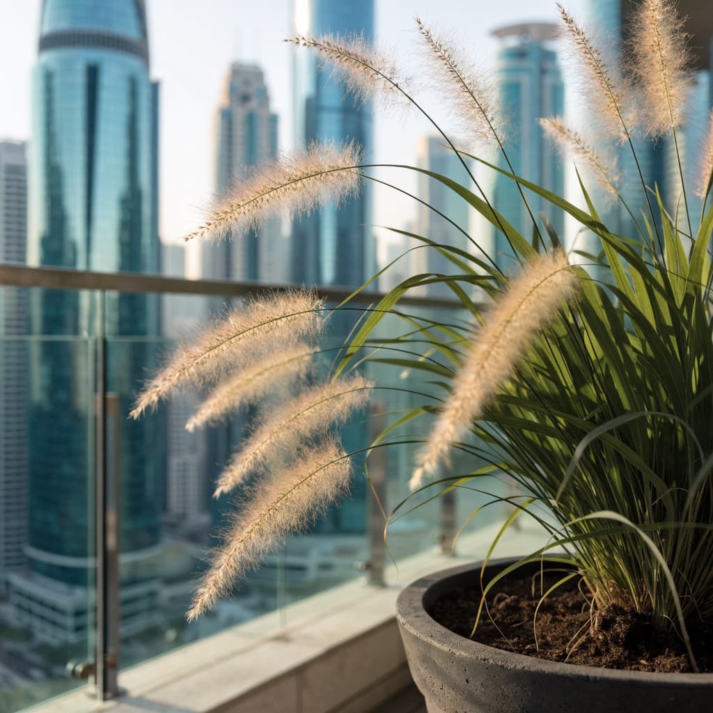 عشب النافورة الزينيّ (Pennisetum setaceum) — صورة توضيحية للنبتة في ديكور منزلي