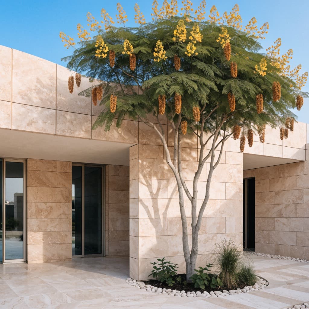 Copperpod / Yellow Flame (Peltophorum) styled in a warm UAE home