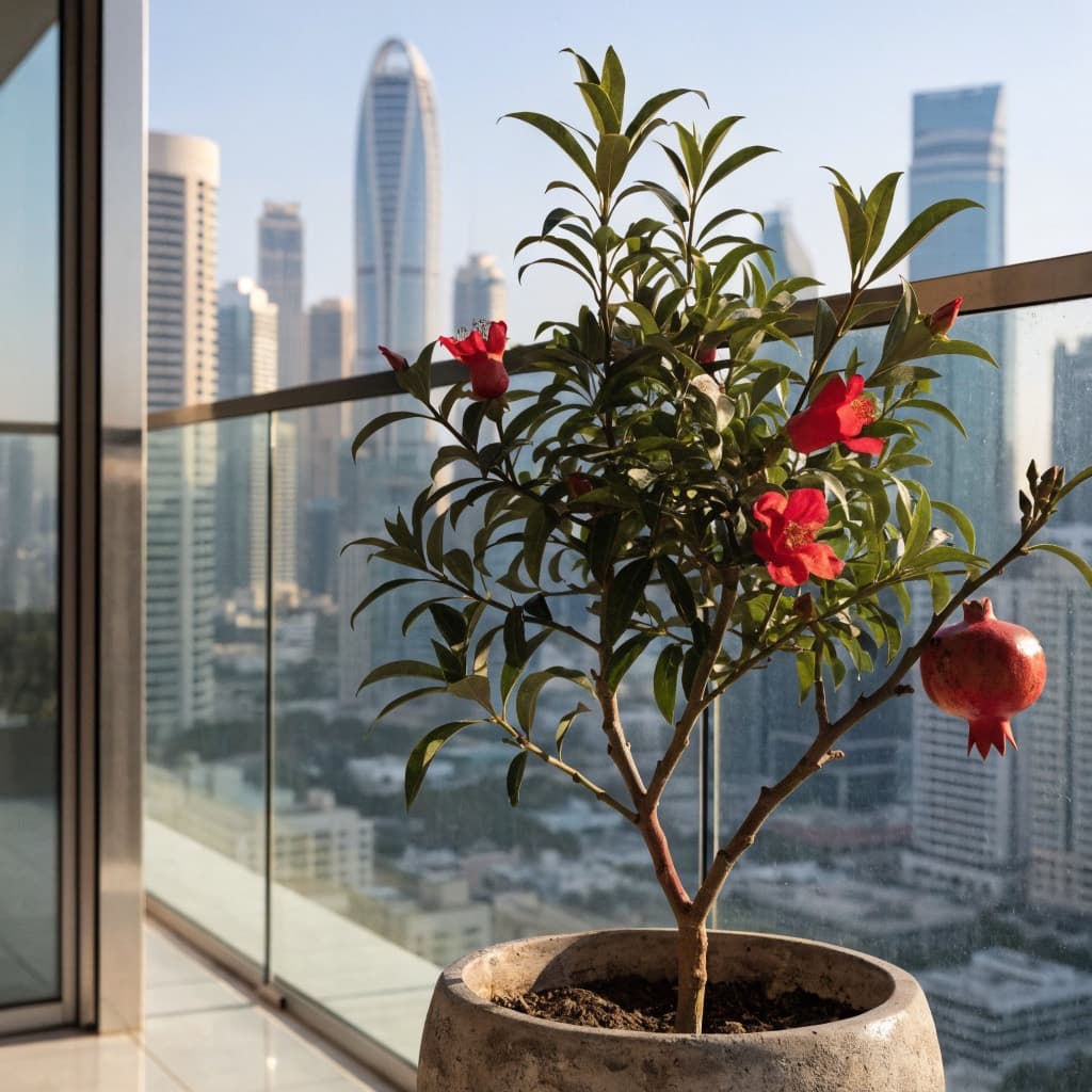 شجرة الرمان (Punica granatum) — صورة توضيحية للنبتة في ديكور منزلي