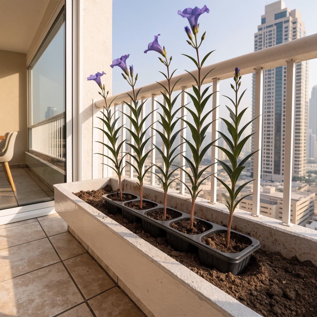 صينية الرويليا الزرقاء — 6 نباتات (Ruellia simplex) — صورة توضيحية للنبتة في ديكور منزلي