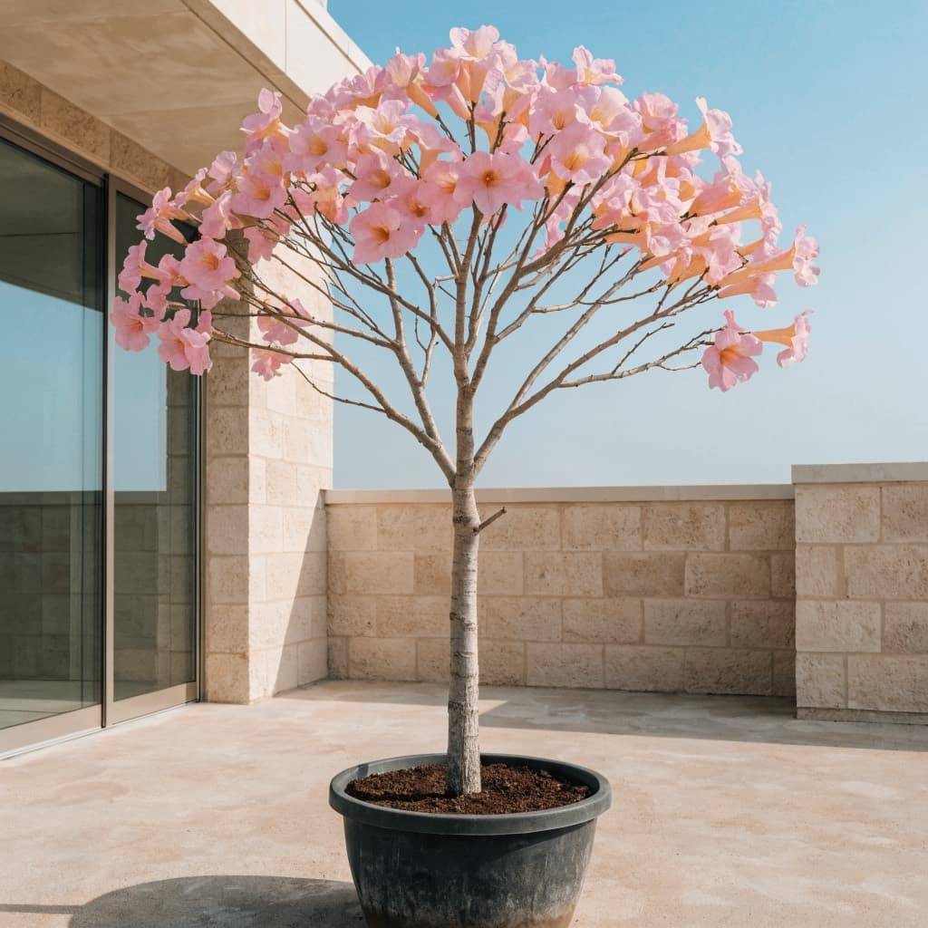شجرة البوق الوردية (تابيبويا) — 50 لتر (Tabebuia rosea) — صورة توضيحية للنبتة في ديكور منزلي