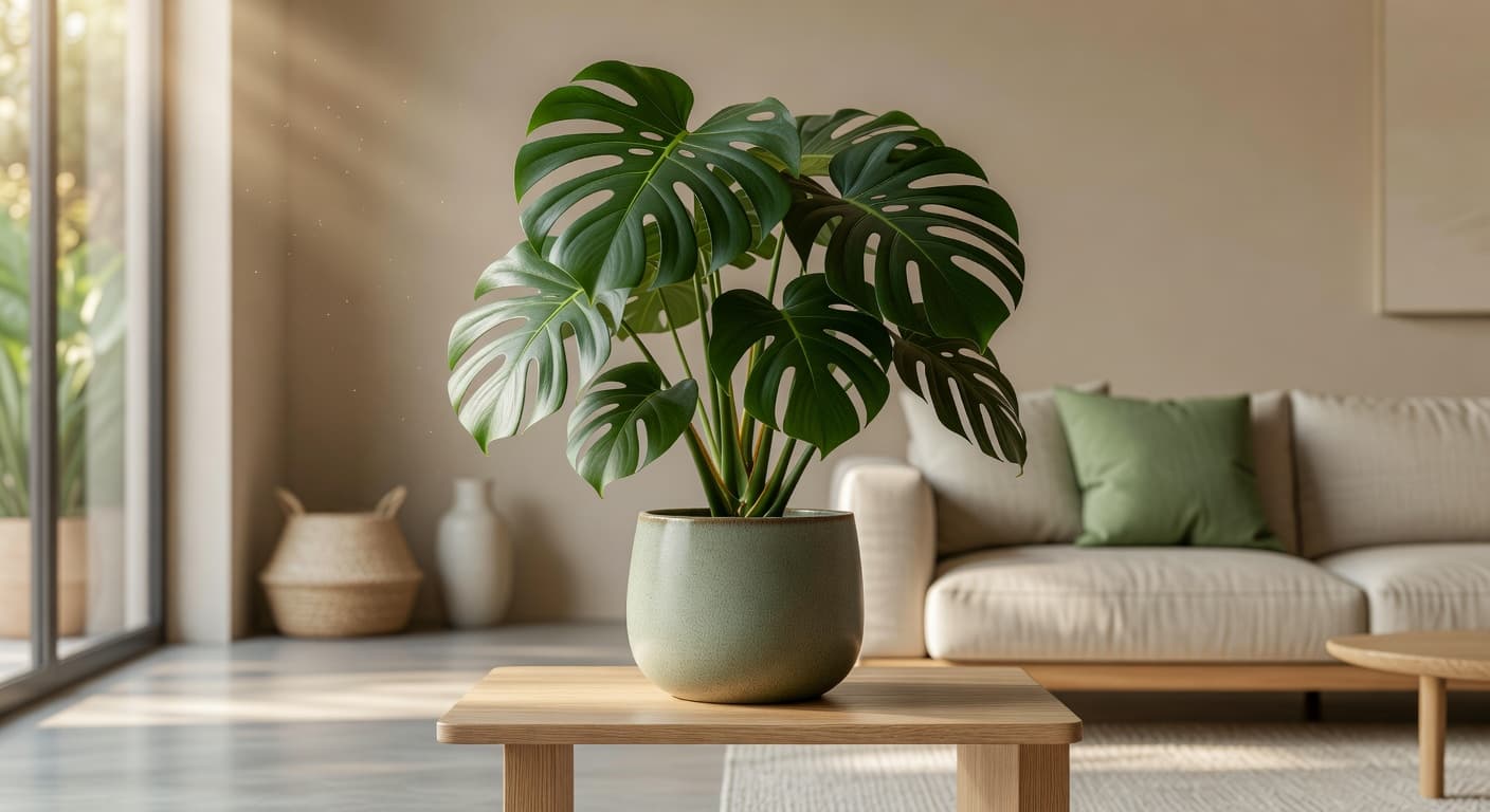 A monstera in a ceramic pot in a bright living room