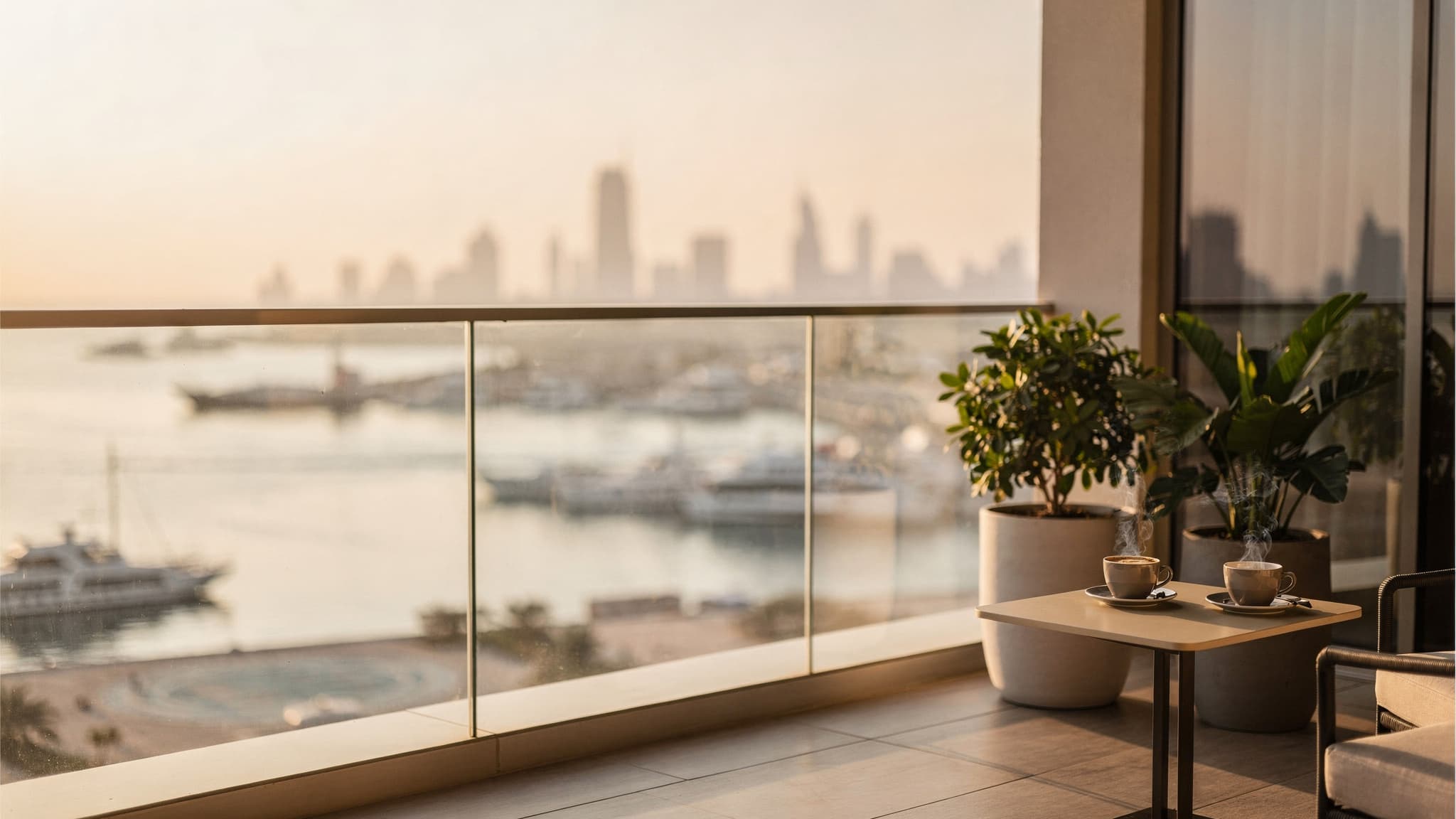 Potted plants on a sunny Dubai balcony