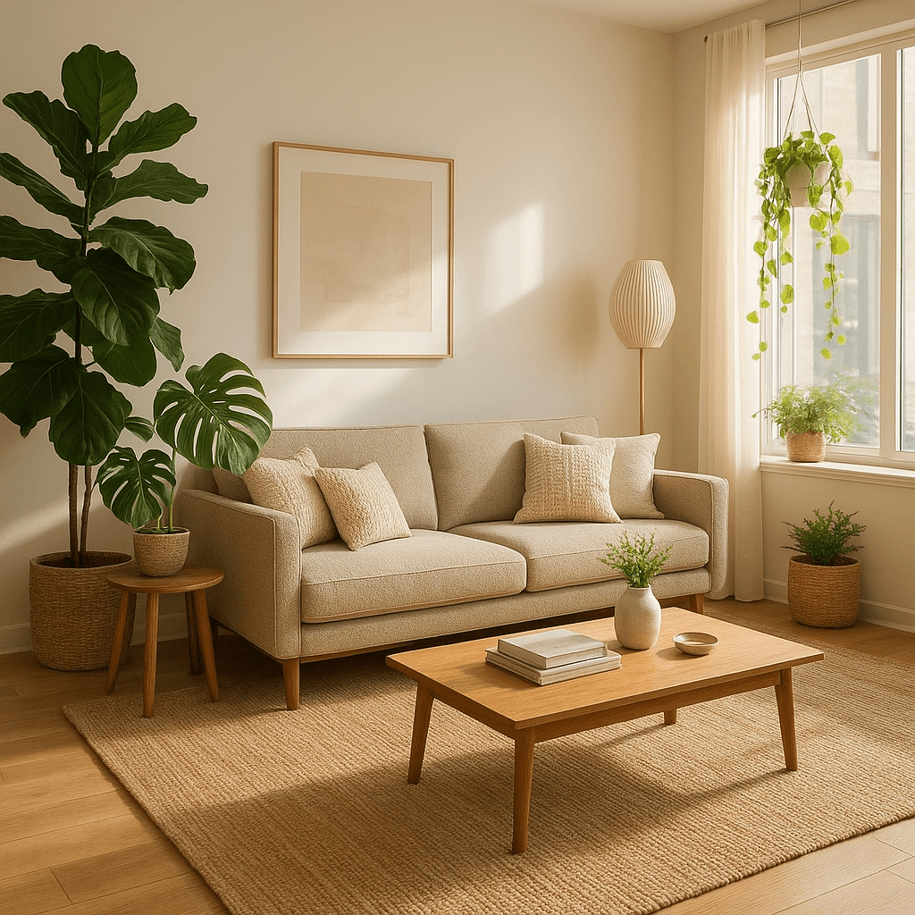 A living room styled with Heavenly Plants greenery